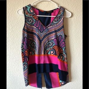 Renee C Tibbie Split-Back Mixed Print Blouse